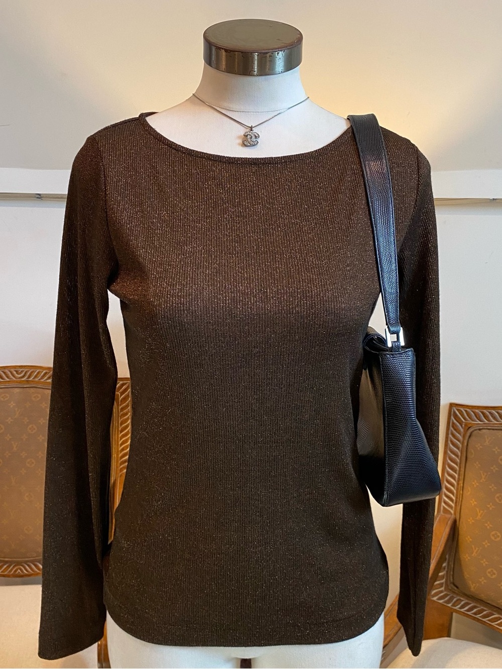 Vintage Calvin Klein Brown Metallic Long Sleeve Top S Rayon/Lurex Blend Glam Y2K